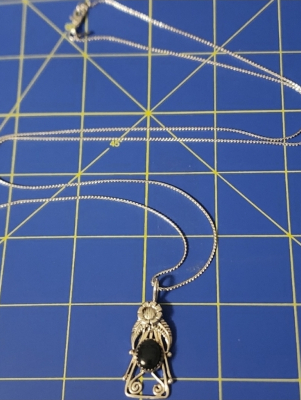 Vintage Black Onyx Sterling Silver Pendant Necklace 30" Chain